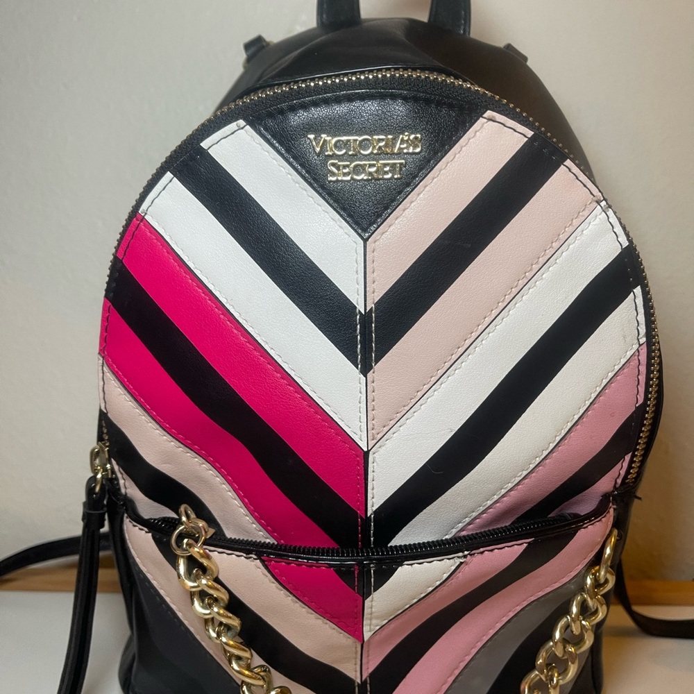 Victoria’s Secret Mini Backpack – Chevron Stripe, Black/ Pink, Chain Detail - Picture 2 of 7